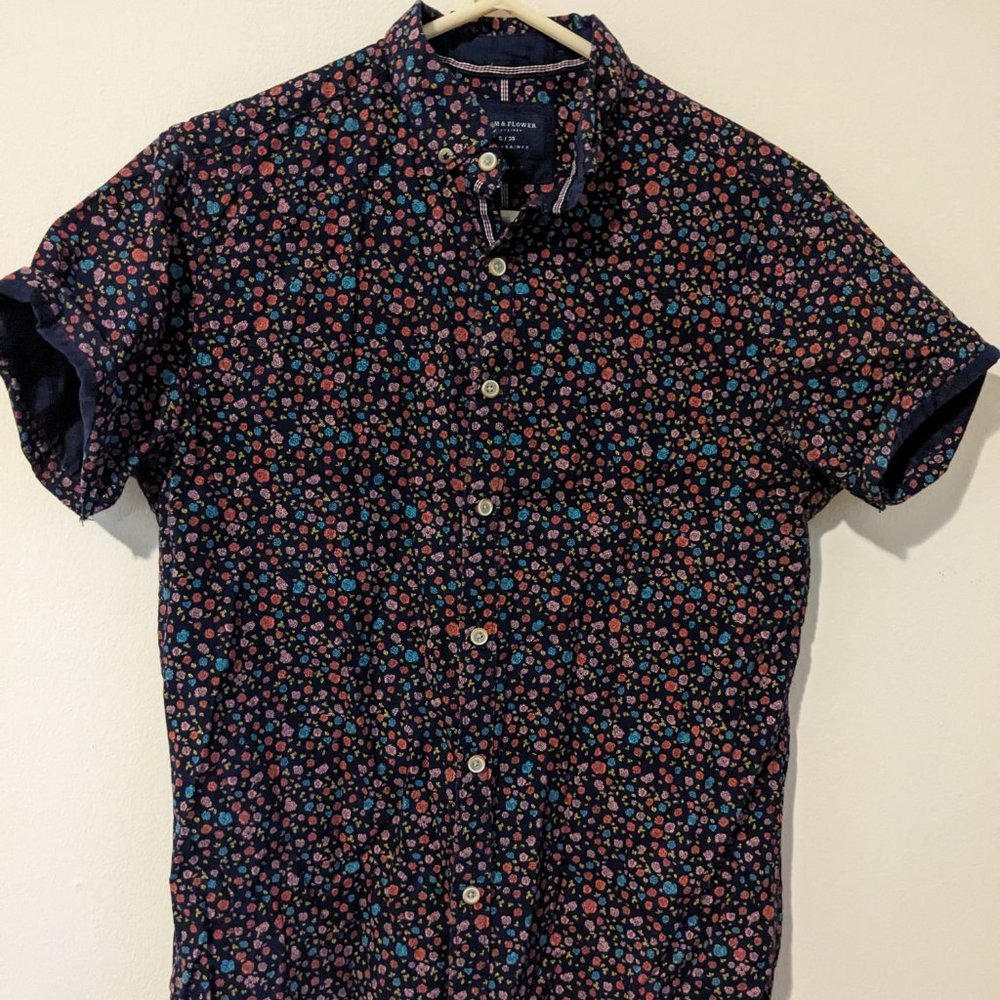 Denim & Flower Slim Fit Button Down Navy Floral Shirt, Size S/38